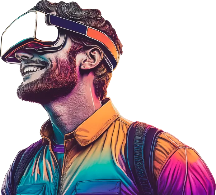 Pessoa sorrindo usando óculos de realidade virtual — ReZIGnificar